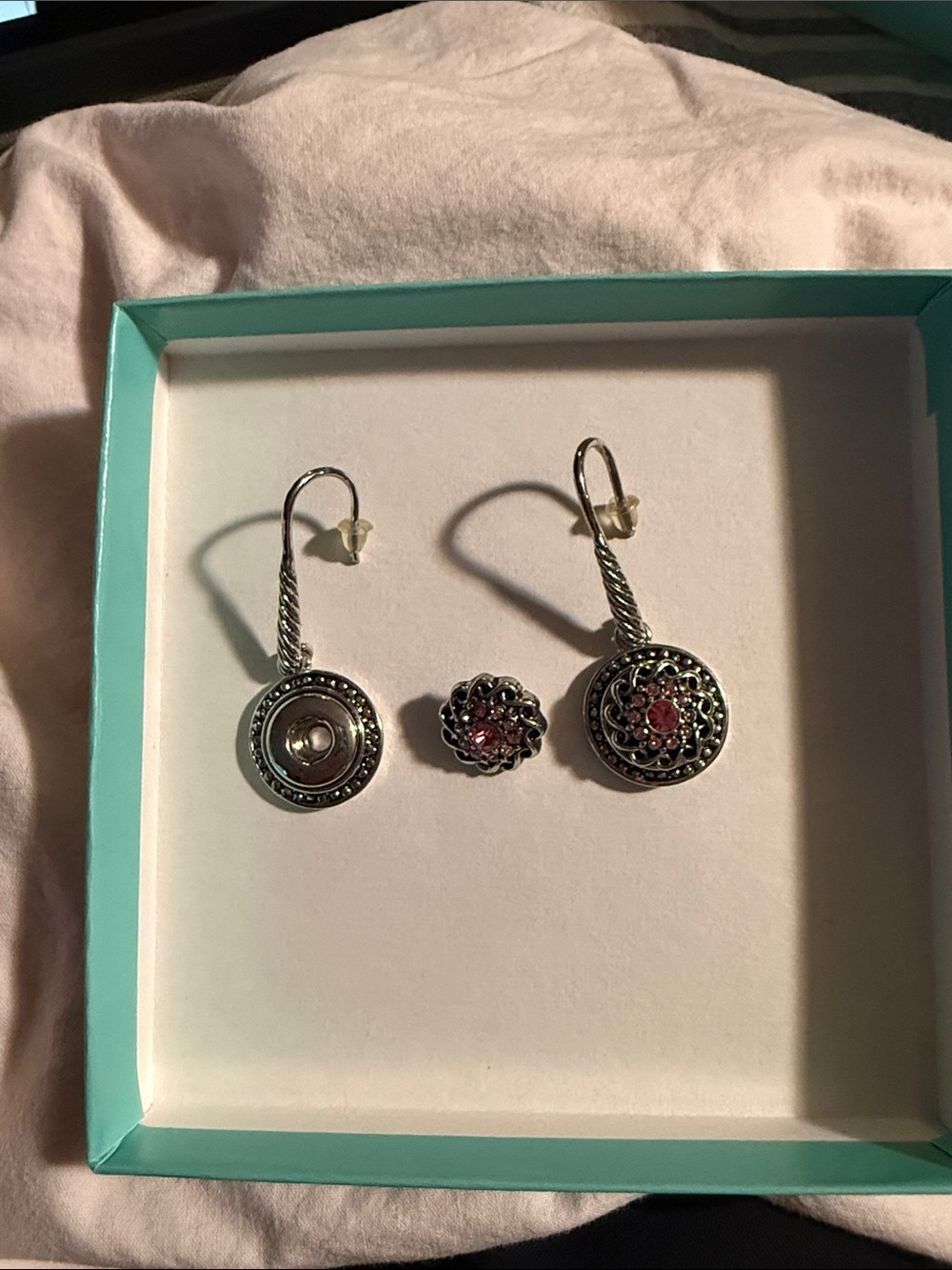 Silver and Pink Filigree Drop Earrings and Stud Set - Women's Jewelry